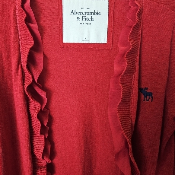 Abercrombie & Fitch Red Ruffle Frill Cardigan Size Large Pockets - Picture 3 of 6